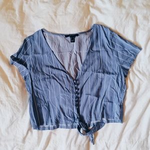 Baby Blue Pinstriped Button Down Knotted Blouse